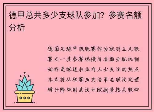 德甲总共多少支球队参加？参赛名额分析